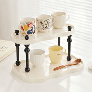 Cup Storage Rack 3 Tier Cream White Oval Desktop Shelf With Stand For Kitchenware Organization - Product Image 2