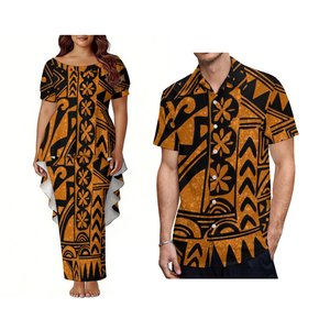 Tenues de couple pour dîner <span class=keywords><strong>polynésien</strong></span> - Robe Puletasi pour <span class=keywords><strong>femme</strong></span> en polyester à manches bouffantes style tailleur et chemise décontractée pour homme - Product Image 3