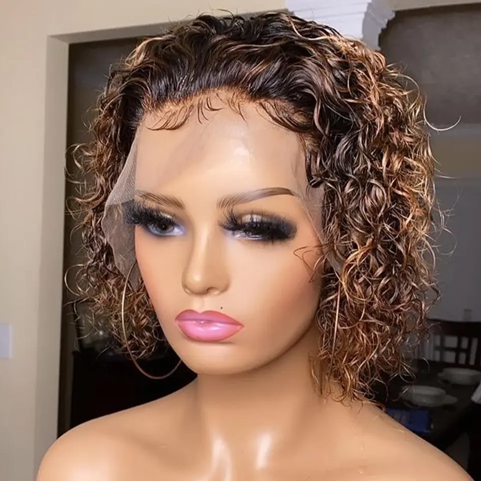 Highlight Pixie Cut Curly Human Hair Wigs Slick Back Short Deep Wave Glueless Lace Front Wigs Pre Plucked Hairline Wig For Women