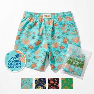 Shorts de bain pour hommes à imprimé personnalisé, motif vie marine tropicale, séchage rapide, motif poissons océaniques, shorts de plage, vente en gros OEM - Product Image 1