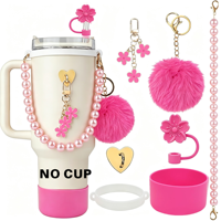 Ensemble d'accessoires pour gobelet Stanley 30-40 oz : poignée perlée, couvre-paille fleur, breloque pompon et porte-clés décoratif