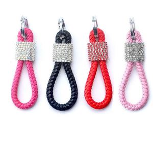 Rhinestone Leather Rope Keychain Handwoven Leather Keychain Car Keyring Pendant Accessories Luxury Diamond PU Leather <b>Key</b> <b>Chains</b> - Product Image 1