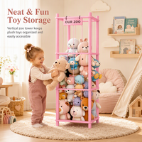 Tour de rangement pour animaux en peluche à trois niveaux en pin massif, 133 cm, avec cordon élastique, organiseur de jouets, capacité de plus de 50 peluches, plaque nominative personnalisée