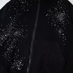 Factory Custom 100% Cotton Zipper-Up <strong>Hoodie</strong> Casual Oversized Rhinestone 3D Embroidery Print Starry Sky Hot Fix Men - Product Image 2