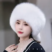 Chapeau en fourrure de raton laveur russe MWfur, fourrure de renard blanc argenté, pour femmes, chapeau en fourrure de renard pelucheux d'hiver avec queue