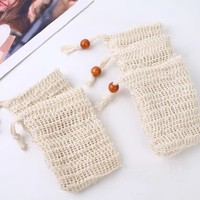 Sac en filet tissé en coton et ramie naturel de qualité supérieure pour mousser le savon, avec cordon de serrage en perles de bois pour salle de bain et douche