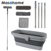 Kit de nettoyage de vitres avec raclette à long manche, seau pliable, raclette en caoutchouc, perche en acier inoxydable, pour intérieur et extérieur
