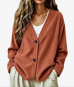 Cardigan en tricot côtelé bleu clair pour femme, col en V, boutons sur le devant, pull oversize pour l'automne et l'hiver, tenue décontractée - Product Image 6