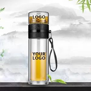 JM LFGB disesuaikan desain OEM kaca dinding ganda Tritan baja nirkarat Infuser cangkir teh festival botol air kaca dengan Infuser