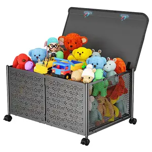 Metal Toy Bins Foldable Toy Box Storage with Wheels and Lid for Nursery Playroom Bedroom Toy Storage Organizer 60*42*32CM