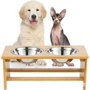 Soporte Elevado para Comida de Mascotas de Bambú con Doble Plato de Acero Inoxidable para Perros y Gatos - Product Image 1