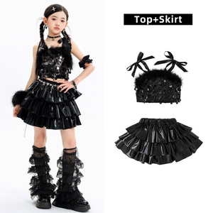 Costumes de <span class=keywords><strong>danse</strong></span> jazz pour filles, camisole noire à paillettes, jupe à volants superposés avec bordure en fourrure, ensemble de vêtements pour enfants pour spectacles sur scène - Product Image 6