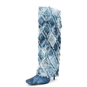 Women Denim Overlay Knee High Boots High Thin Heels Shoes New Design Boot-cut Jeans Stiletto Square Toe Long <b>Booties</b> Size 44 - Product Image 2