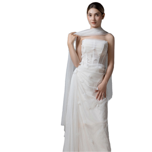 Nuovo Abito Moderno ed Elegante con Corpetto Stile <span class=keywords><strong>Corsetto</strong></span> <span class=keywords><strong>Senza</strong></span> <span class=keywords><strong>Spalline</strong></span>, Tulle Texturizzato Intricatamente Drappeggiato, Stampa 3D, Strascico a Cappella e Volant - Product Image 1