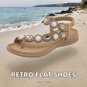 Zapatos de Verano Planos Retro de Alta Calidad para Mujer, con Pedrería en la Puntera, para Vacaciones en la Playa, Cómodos, Talla Grande, Ligeros y Suaves - Product Image 1