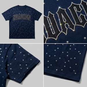 T-shirt da <span class=keywords><strong>uomo</strong></span> personalizzata su misura 300GSM con strass a stella all-over e bordo grezzo gotico per marchi di design, private label, direttamente dalla fabbrica - Product Image 2