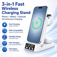 Station de charge sans fil pliable HYTO 3 en 1 avec réveil numérique, chargeur sans fil rapide 15W pour téléphone, montre et écouteurs