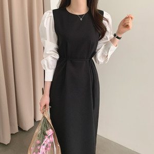 Abito <span class=keywords><strong>Midi</strong></span> Coreano Primavera 2025, Nuovo Arrivo, Elegante Stile Francese con Cuciture a Contrasto, Maniche Lunghe, Allacciatura in Vita, Linea ad A, Tinta Unita 104 - Product Image 2