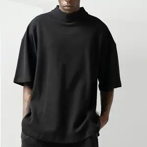 Wholesale Black Blank Custom Designed Tshirt 300gsm High Quality Oversized Thick Tshirt Waffle Fabric Plain Cotton Tshirt