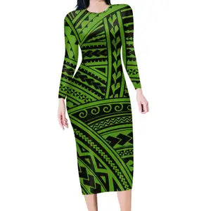 Hot Sell Traditional Blue Green Tribal Polynesian Clothing Print Women Sexy Long Sleeve Dress O-neck Maxi Bodycon For Club/Party