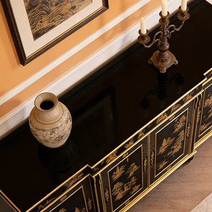 Meuble <span class=keywords><strong>d</strong></span>'<span class=keywords><strong>entrée</strong></span> en bois massif noir et or style rétro, quatre portes, structure intégrée, rangement pour salon et <span class=keywords><strong>entrée</strong></span> - Product Image 2