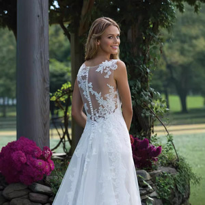 Simple <b>Lace</b> V Neck Wedding Dress A Line <b>White</b> With Zipper Natural Waistline 2026 Style - Product Image 3