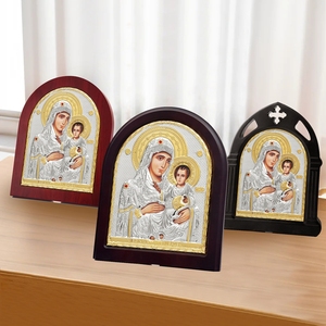 Produttore vendite dirette impeccabile perfetta vergine maria icona d'argento del bambino ornamenti in legno artigianato religioso in metallo appeso a parete - Product Image 2