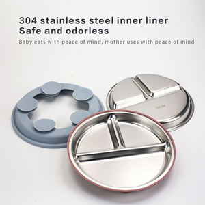 Vaisselle ronde pour enfants divisée en compartiments, assiettes en acier inoxydable pour bébé, manchons en silicone avec ventouses - Product Image 1