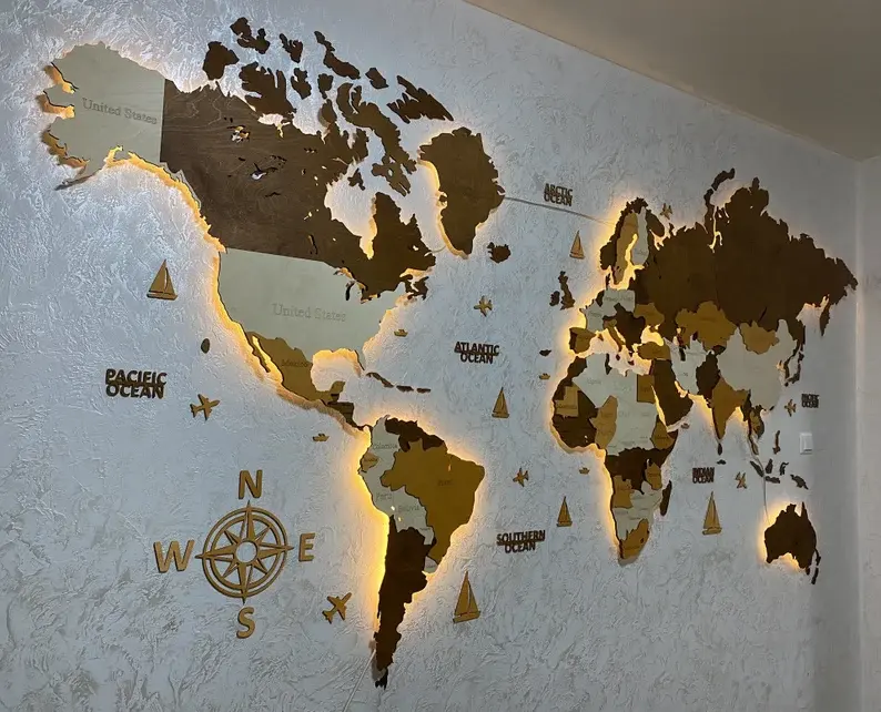 Decoración de pared de casa, de madera en 3D mapa del mundo, multicolor, color marrón