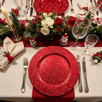 Assiettes de présentation de luxe 2026 en plastique PP durable et non toxique, motif flocon de neige rouge, pour mariages et banquets d'hôtel