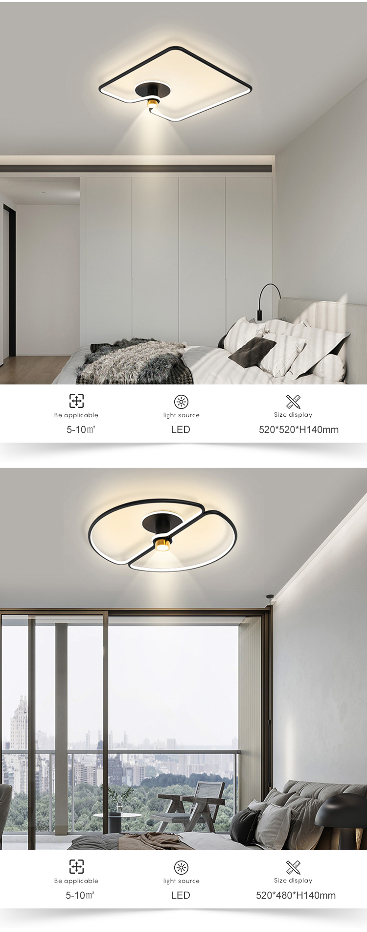 Long Term Use Indoor Fashion Decoration Black Aluminum Bedroom Living Room Modern LED Ceiling Lamp