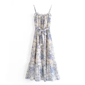 Stylish design women summer casual holiday floral & bird print long dress