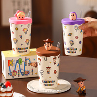 Gobelet en céramique Toy Story avec couvercle et paille 3D, personnages Woody, Bo Peep, Alien, grande capacité, pour café et eau