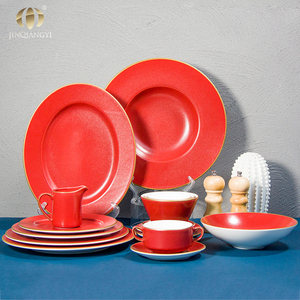 Retro Gold Rim Dinnerware Attractive Red Reactive Glaze <strong>Crockery</strong> Rustic Kitchen Tableware <strong>Christmas</strong> Plates Decorative Dinner <strong>Set</strong> - Product Image 1
