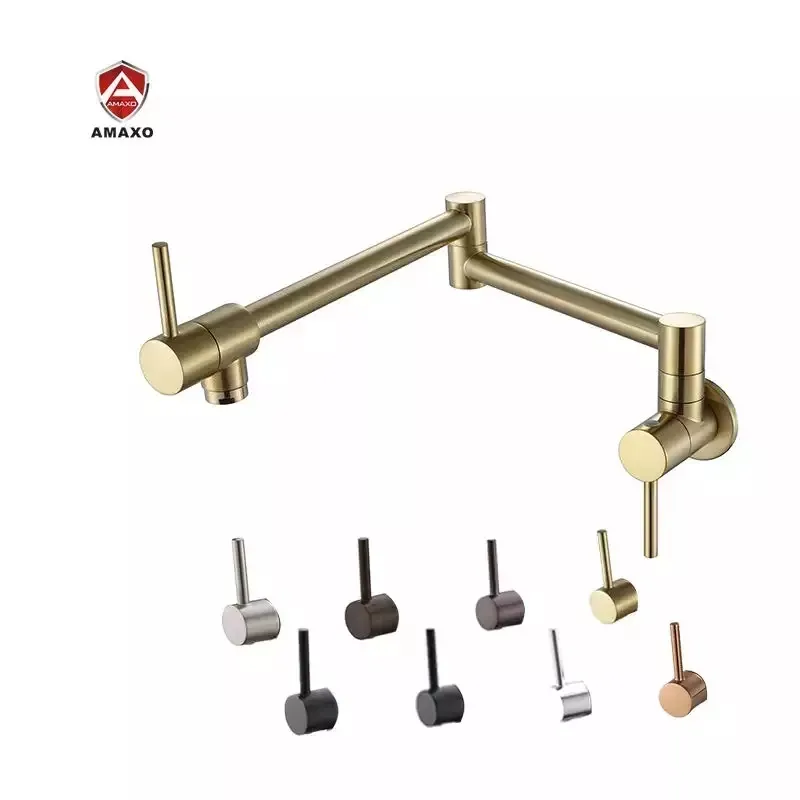 AMAXO Kitchen Water Tap Wall Mounted Stretchable Solid Brass Gold Kitchen Faucet Mixer Tap