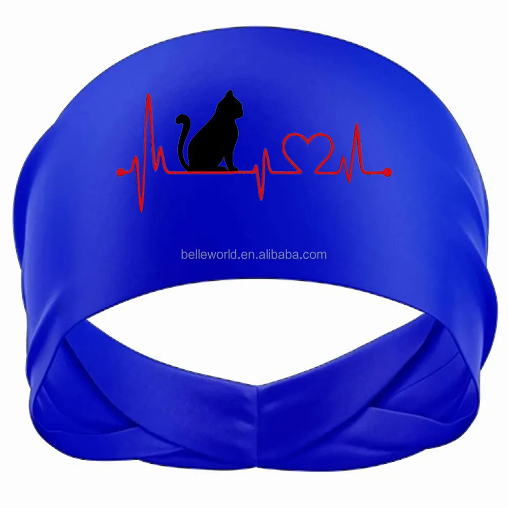 New fashion unisex hair accessories custom printed red heartbeat black cat polyester prevent sweat blue yoga sports headbands