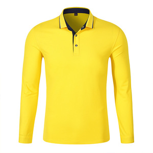 Polo Amarillo para Hombre, Talla L, de Algodón Popelín, Estilo Casual con Ribete Azul Marino y Cierre de Botones, Tejido Personalizado, Color Sólido, Suave y Básico - Product Image 1