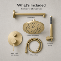 Système de douche encastré moderne en or brossé, ensemble de robinetterie de douche de salle de bain avec pommeau de pluie, douchette à main et mitigeur