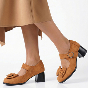 Women Square Toe Chunky Heels Shoes <b>Big</b> Size 47 Dress Office Ladies Mary Jane Wide Fit Shoes Front <b>Bow</b> Suede Working Pumps - Product Image 2