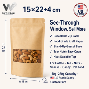 ถุงคราฟท์แบบตั้งได้ยี่ห้อ US Stock Private Label ขนาด 15*22*4 ซม. (6*8.7*1.6 นิ้ว) มีหน้าต่างใส ซิปล็อค ปิดผนึกได้ สำหรับใส่กาแฟ ถั่ว ขนม ชา รับผลิตแบบ OEM - Product Image 3