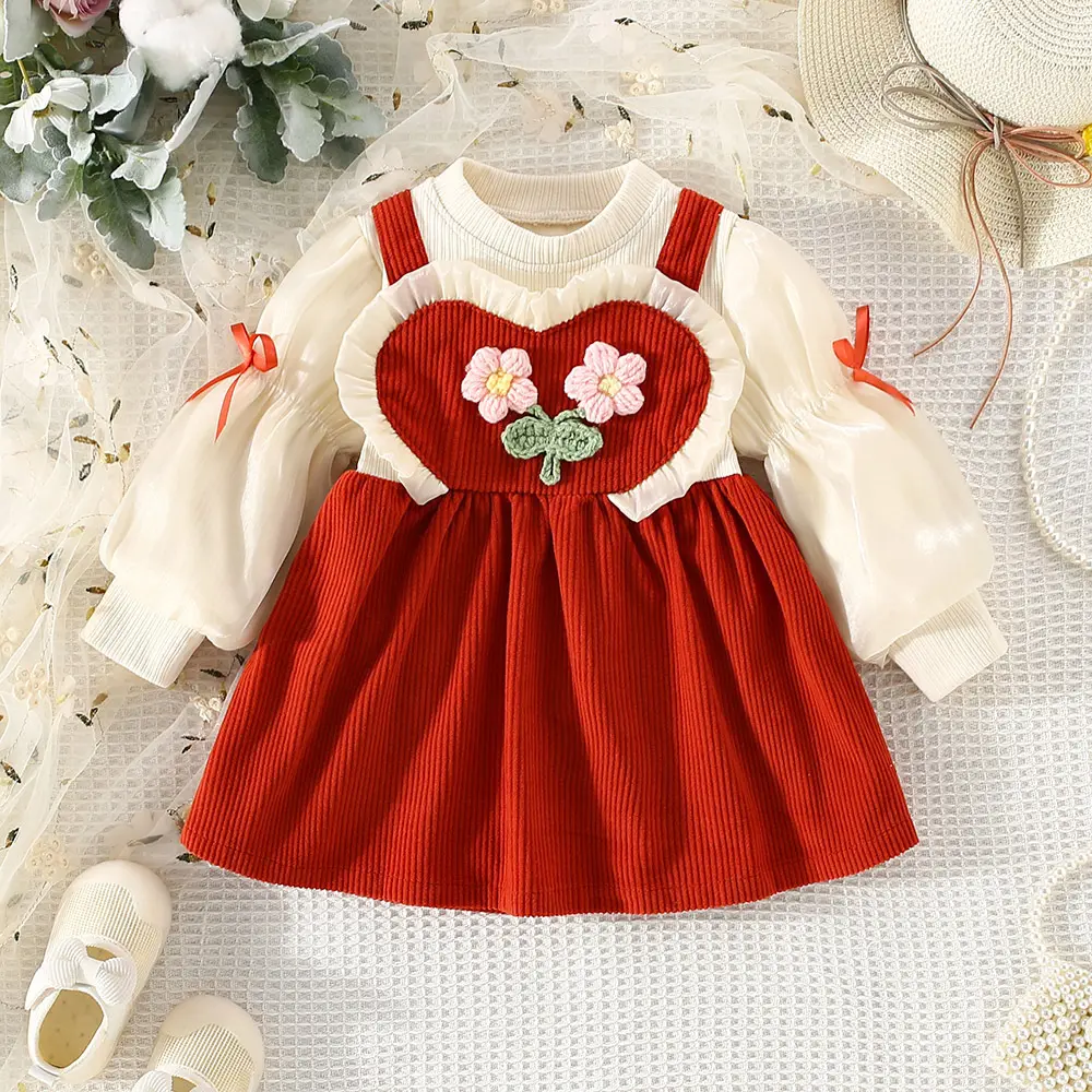 2023 New fashion Girls autumn lovely knitted flower love lace pattern puffy sleeve princess dress