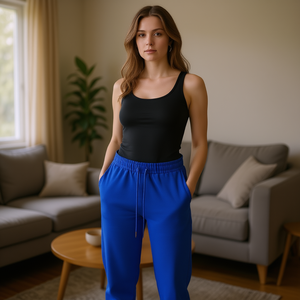 Pantalon de survêtement décontracté en maille pour femme HDJ, bleu roi, taille mi-haute, avec cordon de serrage, coupe ample, longueur intégrale, toutes saisons, mélange polyester-coton - Product Image 2