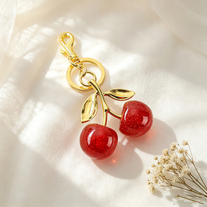 Fashion Shiny Red Cherry Keychain Gold Plated Metal Pendant <b>Key</b> Holder Gold Tone Keyring for Women Bag Accessories - Product Image 2