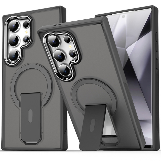 Magnetic Shockproof Matte Skin-Feel Anti-Fall Phone Holder Stand Protective Cover Cases for Samsung S25 S24 23 Edge Ultra Plus
