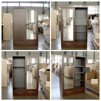 Lemari pakaian baja geser 2 pintu dengan cermin, laci, dan rak logam, lemari pakaian modern untuk kamar tidur, desain lemari pakaian custom