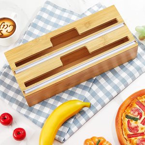 Bamboo <b>Plastic</b> Wrap And Aluminum Foil <b>Storage</b> Box With Cutter <b>Drawer</b> Organizer For Kitchen Use - Product Image 1