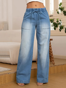 Jean en denim pour femme, taille mi-haute, extensible, avec cordon de serrage, coupe droite et large, tendance - Product Image 2