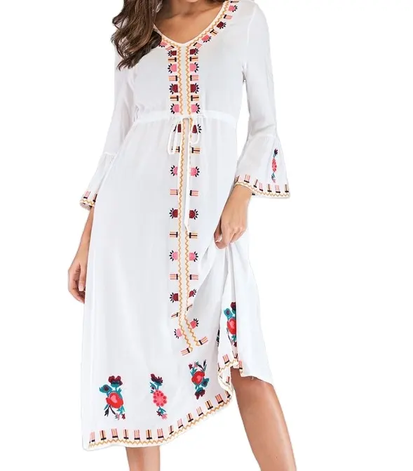 Bohemian Cotton Long Dress Women Casual Beach Maxi Dress Girls Vintage Skirt Robe Clothes embroider dress
