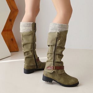 Botas de gamuza hasta la rodilla con cremallera y hebilla, punta redonda, tacón cuadrado bajo, zapatos de mujer con forro de felpa, envío directo - Product Image 2