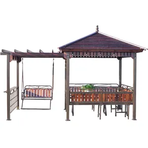 Foshan outdoor aluminum frame anti corrosive carbonized wood canopy top patio gazebo with swing